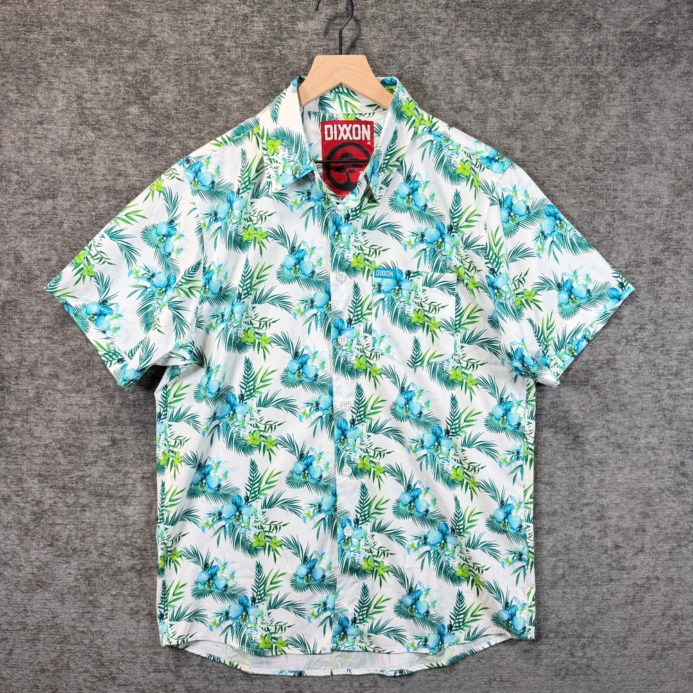Dixxon Zen Party Shirt Men M Floral Hawaiian Stretch White Blue Green